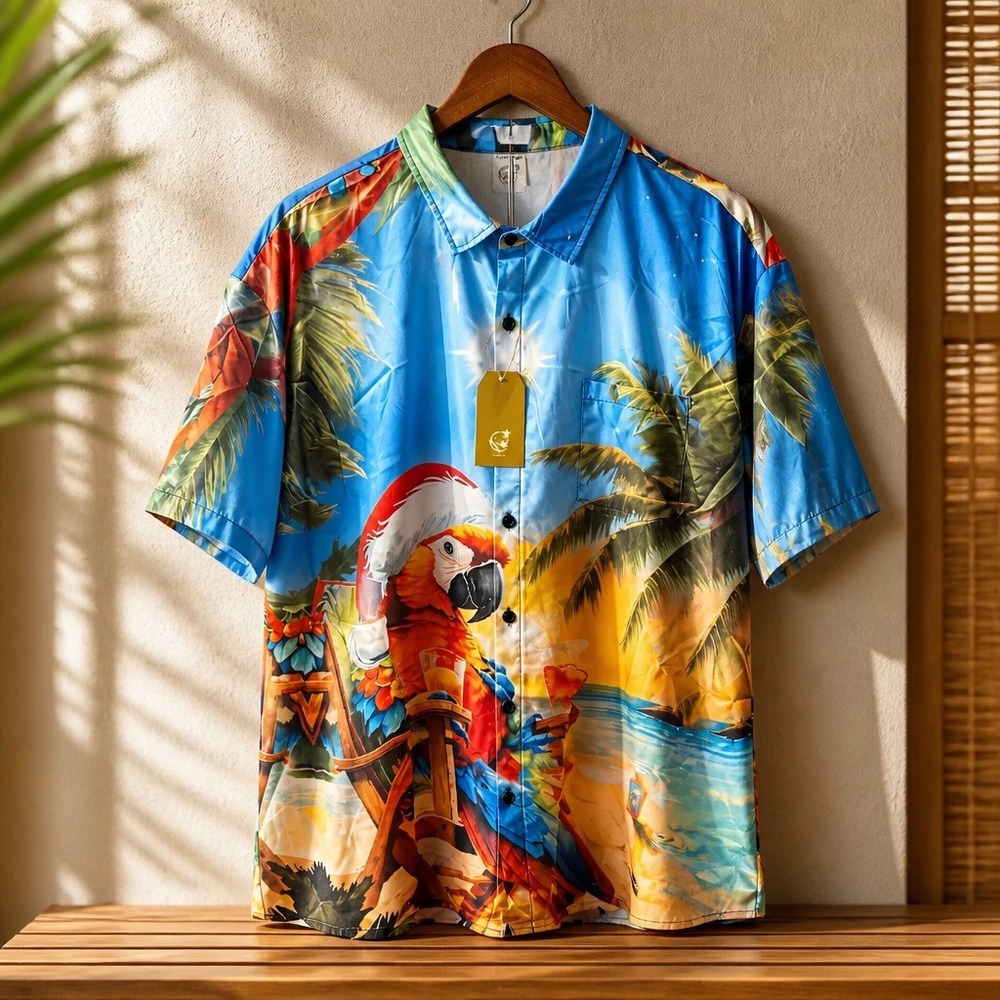 Hardaddy Mens XL Christmas Parrot Beach Graphic Button Down Shirt‎ New